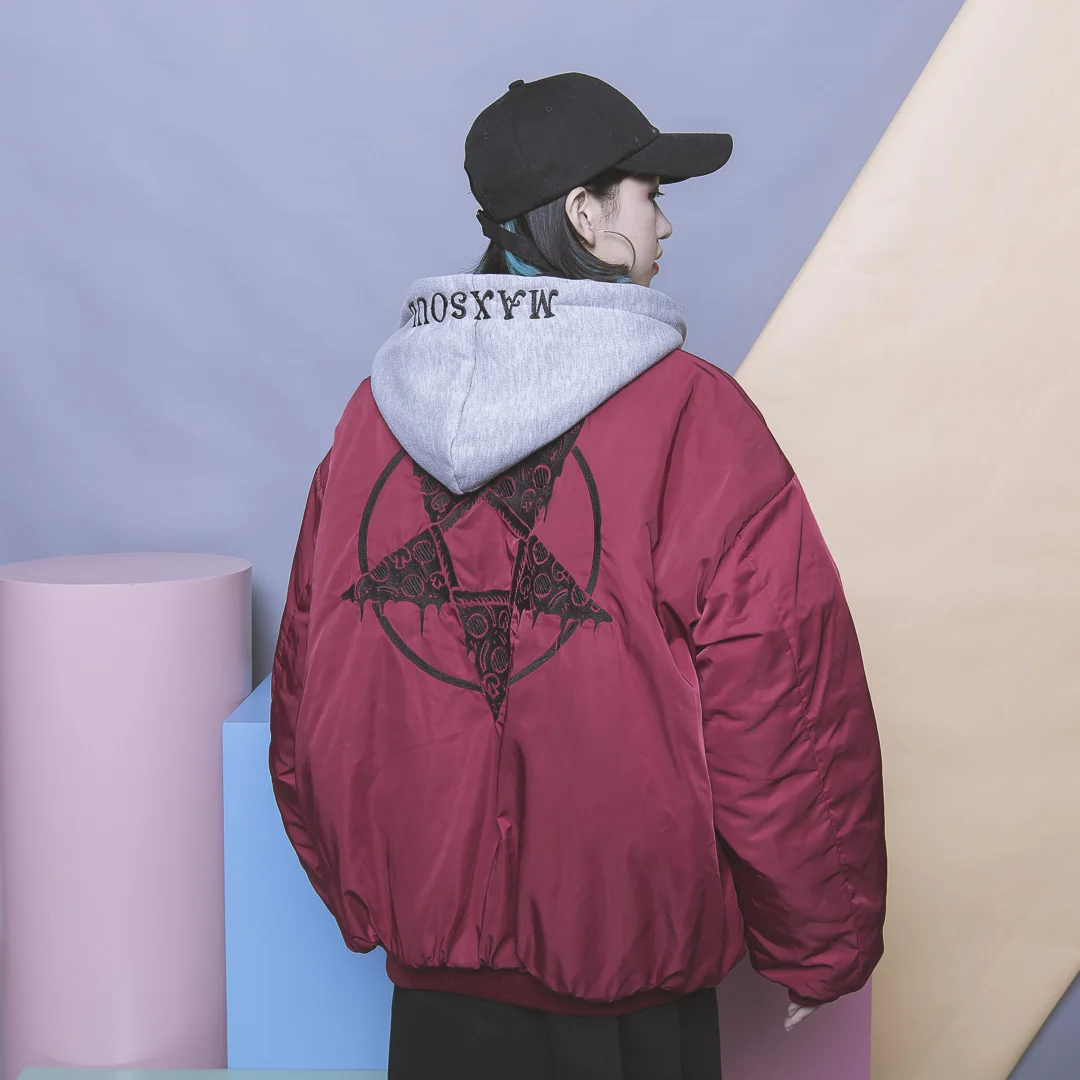 

Fashion HARAJUKU embroidery geometry five-pointed star patchwork color block with a hood baseball zipper wadded jacket