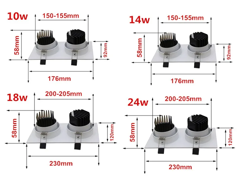 Lâmpada do Teto Super Brilhante Dimmable Levou Recesso 2 Cabeça Quadrada Downlight Cob 10 w 14 18 24 Led Spot Luz ac 110 v 220 2 Quadrada Downlight COB 10 W 14 W
