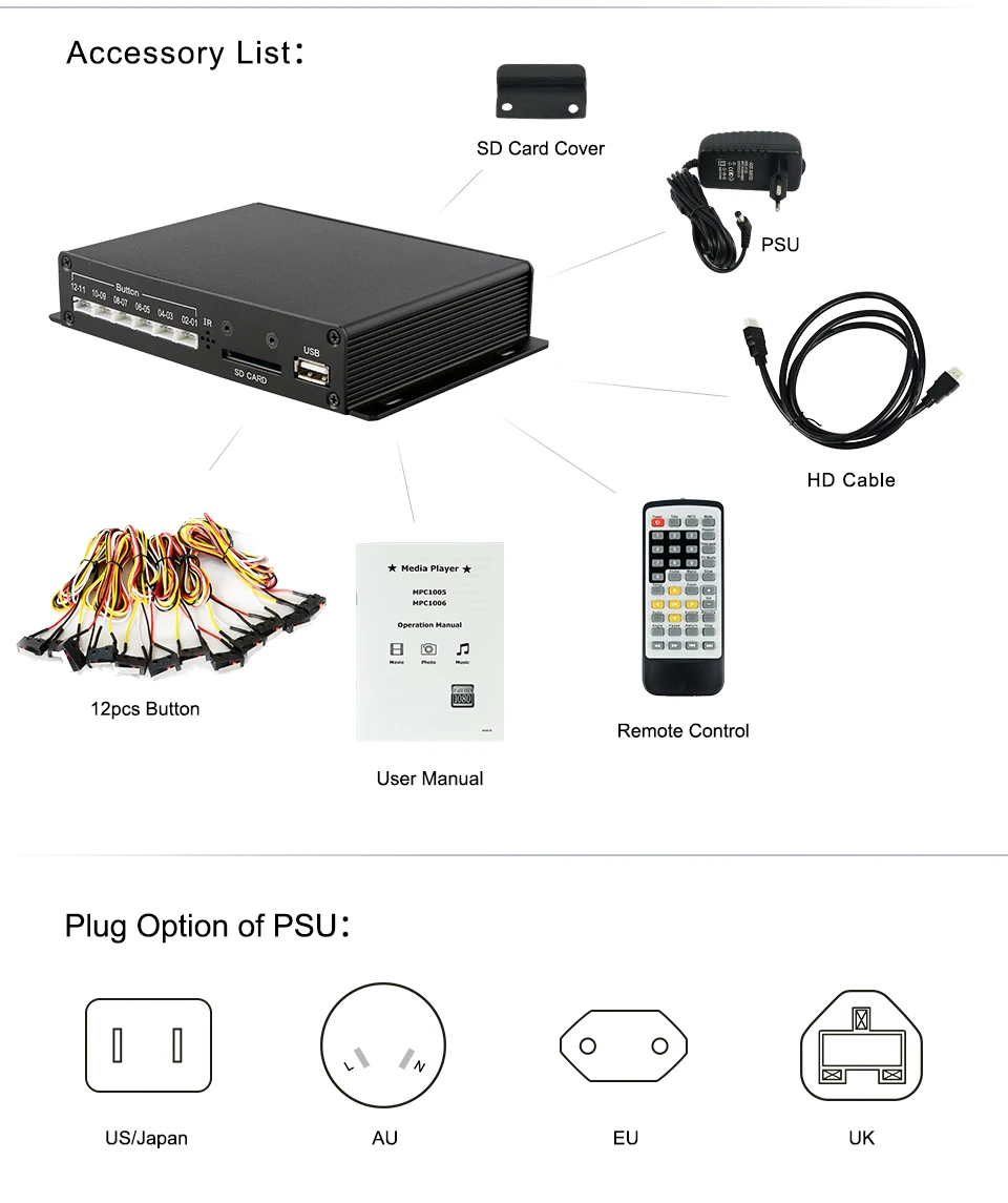 MPC1005-12(MS) микропереключатель управления металлический корпус full HD 1080P SD/U диск HDD медиаплеер классический выход HD