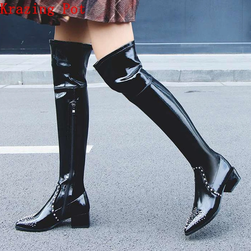 

Krazing Pot 2019 genuine leather rivet carving pattern Chelsea boots superstar pointed toe women riding over-the-knee boots L16