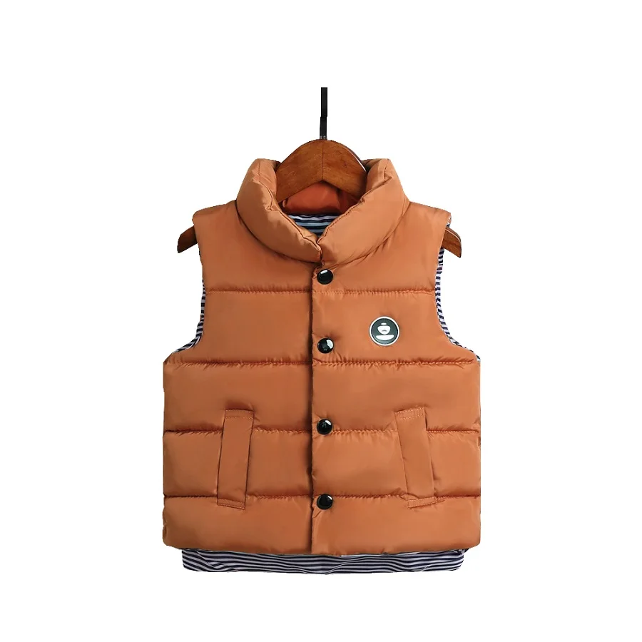 Детский жилет, утепленный зимний жилет для мальчиков и девочек, однотонная теплая куртка без рукавов на пуговицах с воротником-стойкой для детей 2, 3, 4, 5, 6, 7, 8 лет - Цвет: Оранжевый