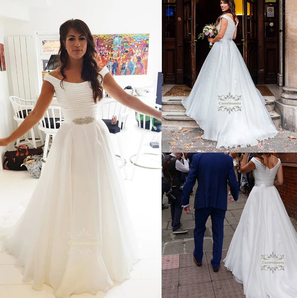 

Off the Shoulder Scoop Wedding Dresses Crystals Beaded Belt A Line Bride Gowns Light Organza and Chapel Train for Garden Party