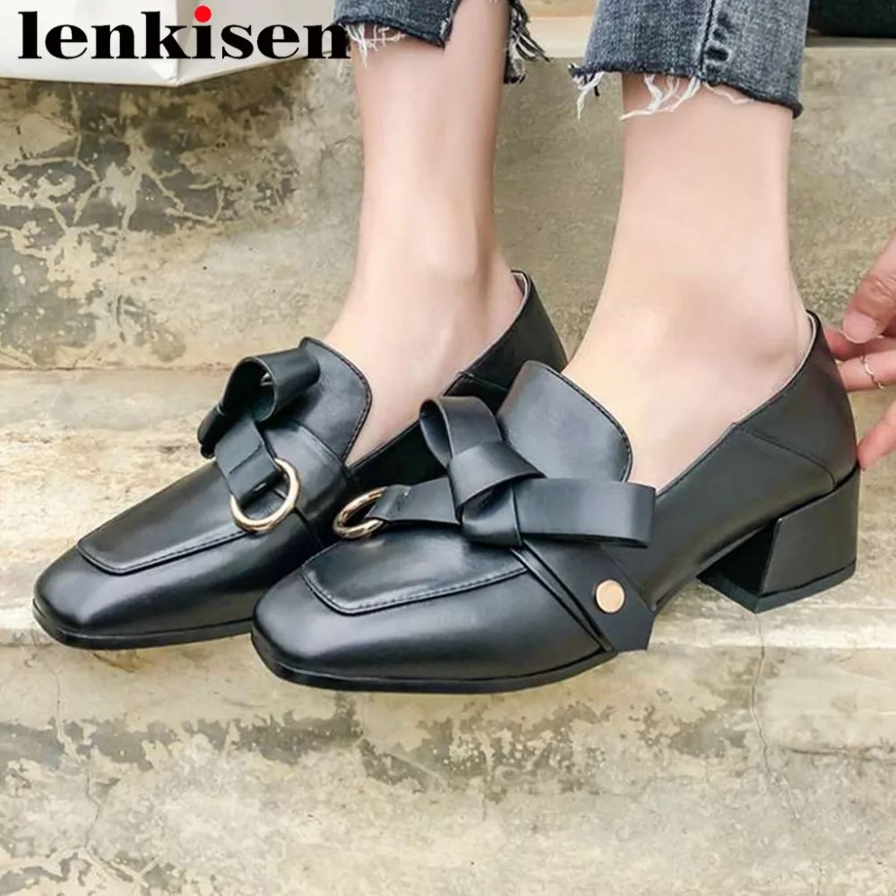 

2019 full grain leather chunky med heels butterfly-knot decoration large size slip on British style comfortbale casual shoes L70