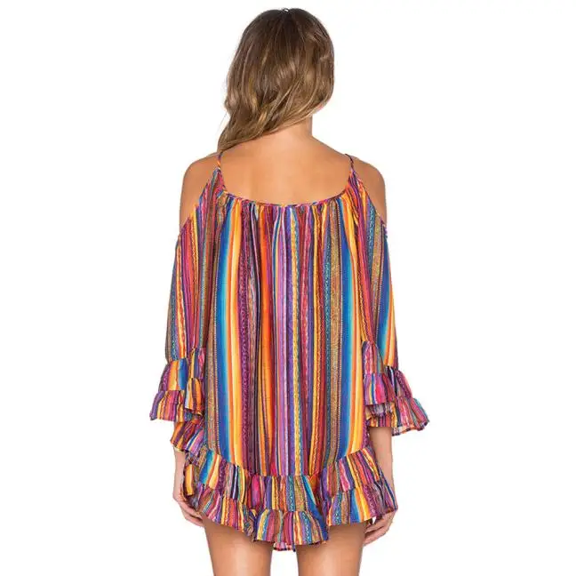 Для женщин Летняя радуга печати бахромой свободное пляжное платье шифоновое платье на бретелях W510