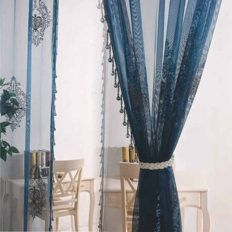 

European style Embroidered Royal blue tulle Embroidered Transparent Gauze Curtain Window Screening Voile Sheer lfor Living Room