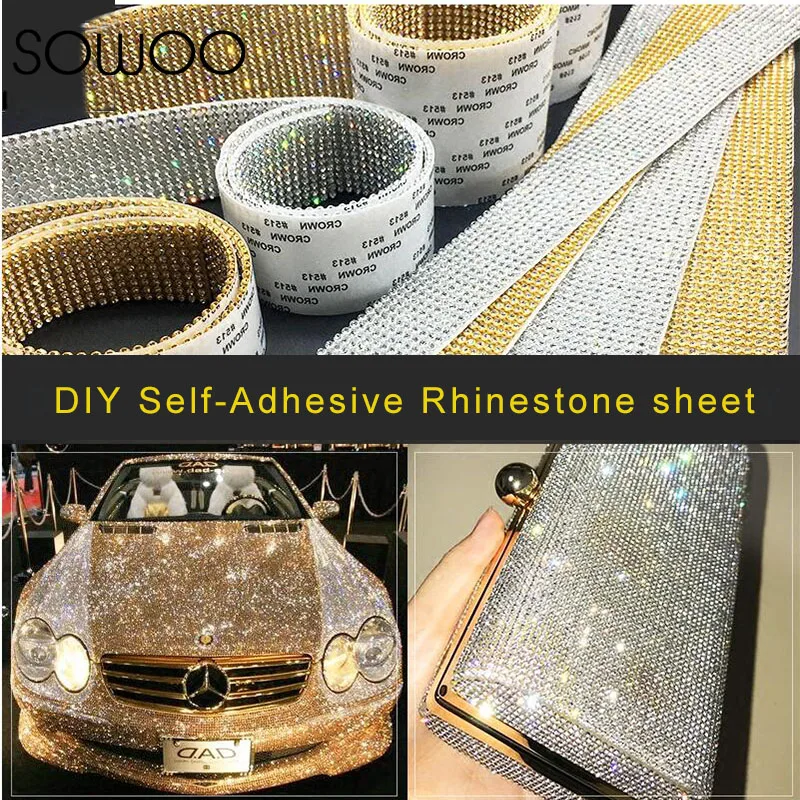

Aluminum Glass Crystal mesh Applique Self-Adhesive Strass Mesh Banding In Roll For Wedding Dresses Crafts SOWOO