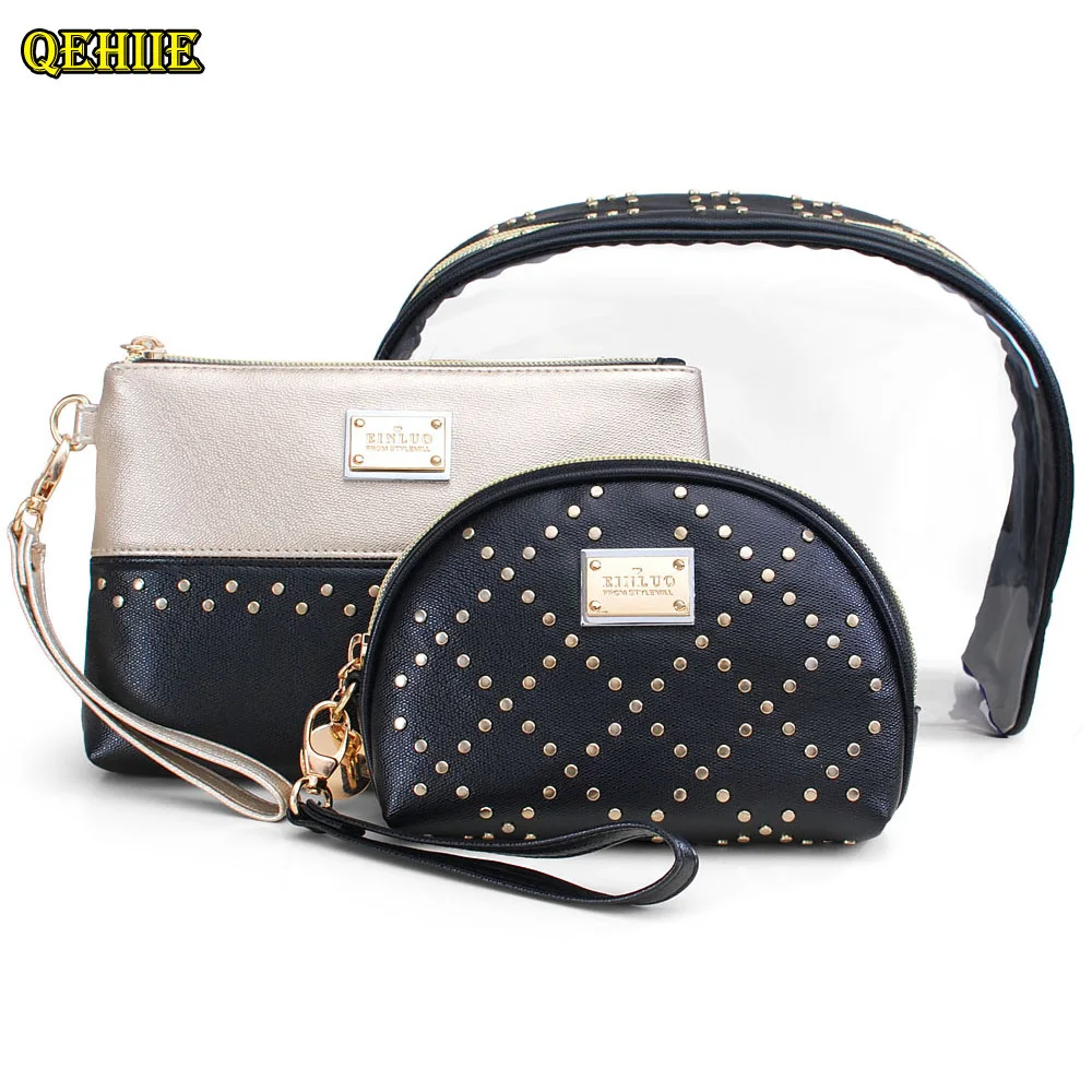 3pc Set High-end Fashion Cosmetic Bag Travel Organizer Beautician Cases PU leather Toiletry Bag rivet Transparent Makeup Bag