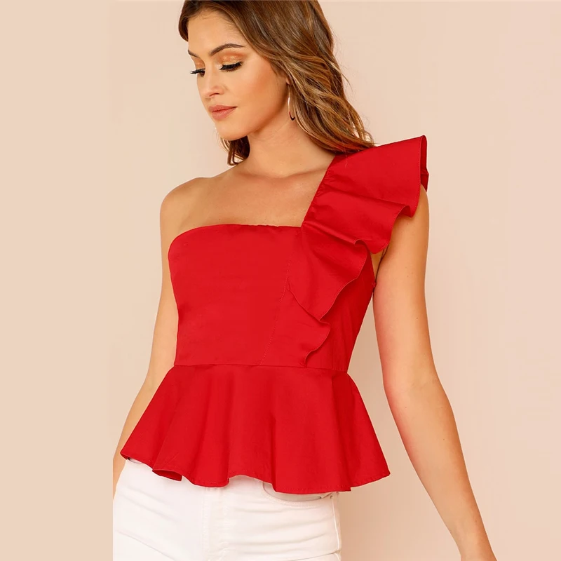 Sheinside Топ с оборкой на одно плечо и баской, женская красная летняя блузка, женские рубашки, облегающие элегантные женские топы и блузки