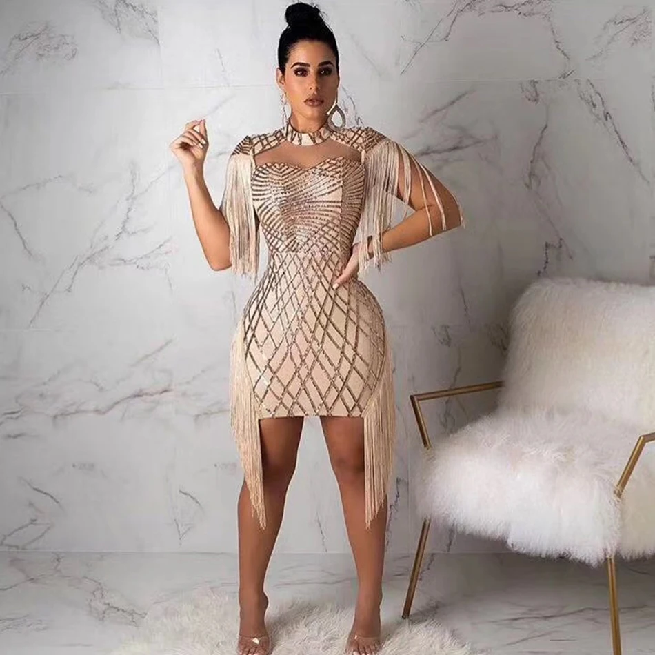 

Adyce 2019 New Summer Women Tassel Club Dress Elegant Sexy Lace Short Sleeve Mini Fringes Celebrity Evening Party Dress Vestidos