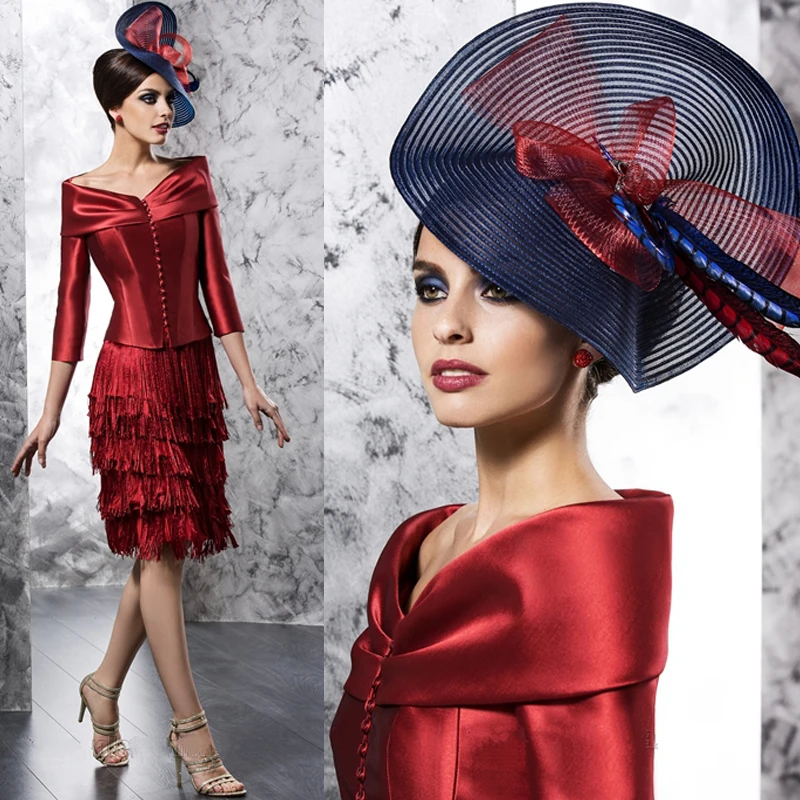 Red Mother Evening Gowns For Weddings Three Quarter Knee length Taffeta Mother of the Bride