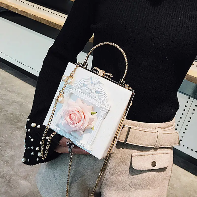 Women Shoulder Bag Rose Detachable Metal Chain Crossbody Bag Handbag for Shopping New - Цвет: Белый