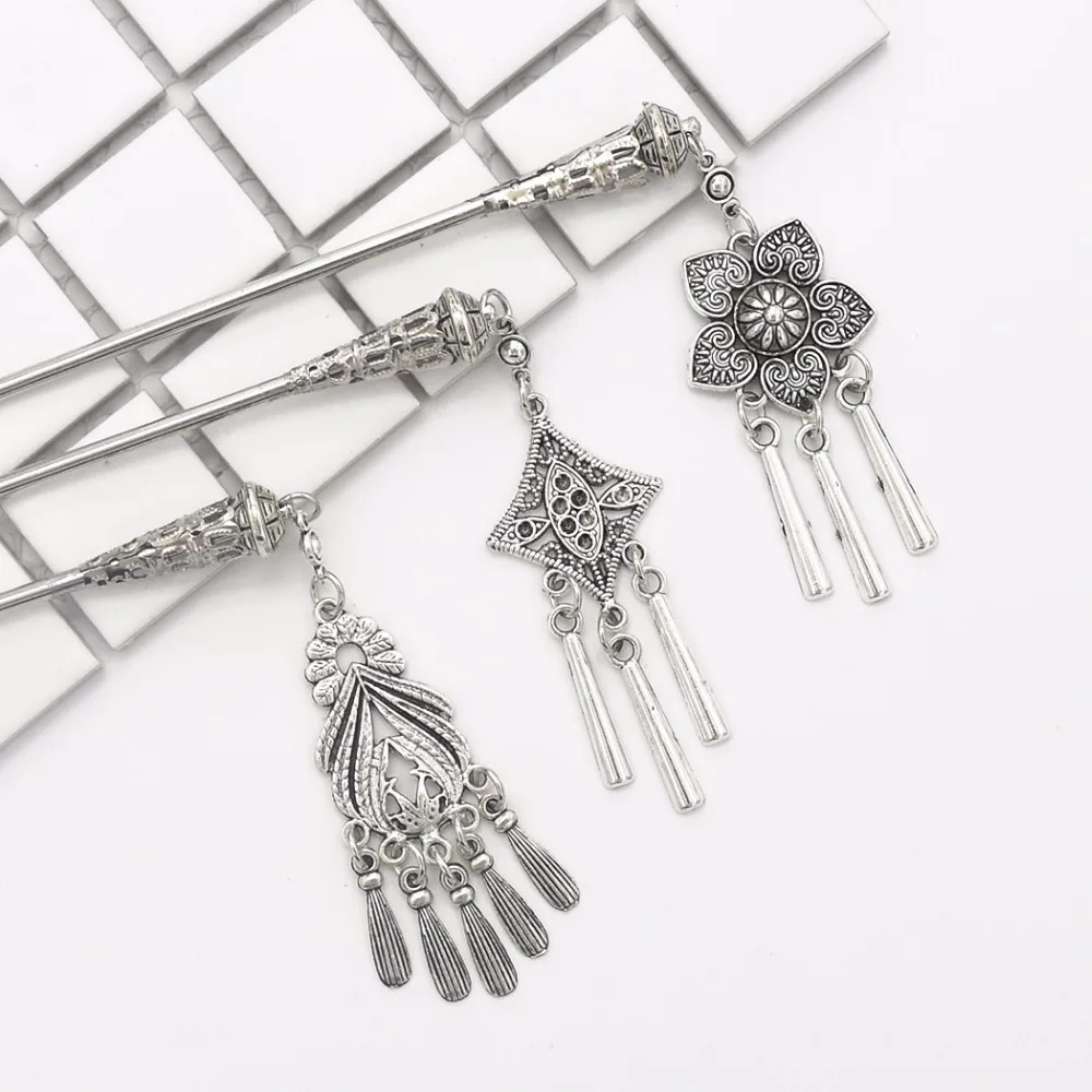 

Vintage Chinese Hair Sticks For Women Hairpin Chain Headpieces Gypsy Ethnic Silver Metal Tassel Flower Hair Stick Pieces Jewelry