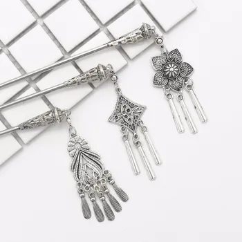 Vintage Chinese Hair Sticks For Women Hairpin Chain Headpieces Gypsy Ethnic Silver Metal Tassel Flower Hair Stick Pieces Jewelry