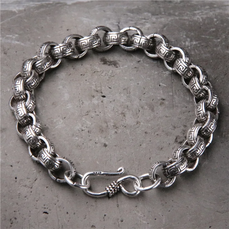 

Starfield S925 Sterling Silver Circle Circle Buckle Personality Tyan Silver Retro Great Wall Pattern men's Bracelet