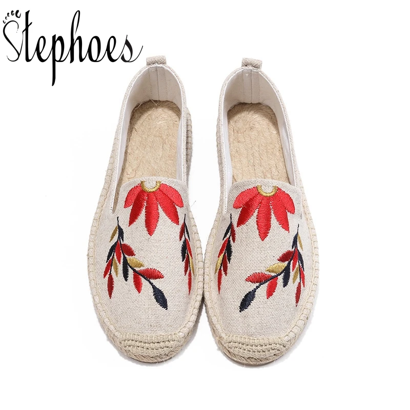

Stephoes Luxury Brand Summer Canvas Espadrilles Women Fisherman Shoes Red Blue Maple Leaves Embroider Linen Loafers Retro Flats