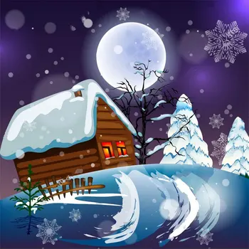 

night full moon winter snow cottage fence tree snowflake purple bokeh backdrops Vinyl cloth Computer print wall Backgrounds