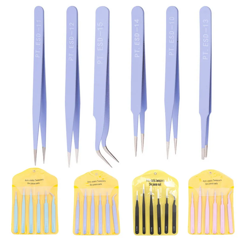 

4 Color 6pcs Stainless Steel Tweezers ESD10 11 12 13 14 15 Anti-Static Tweezers Repair Tool Kit Beauty Manicure DIY Tweezers