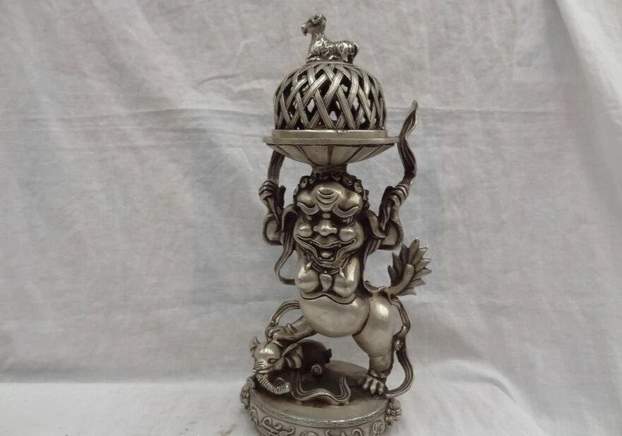 

song voge gem S5445 14" China Silver Lion Man On Elephant Drum Statue Up Brass Incense Burner Censer