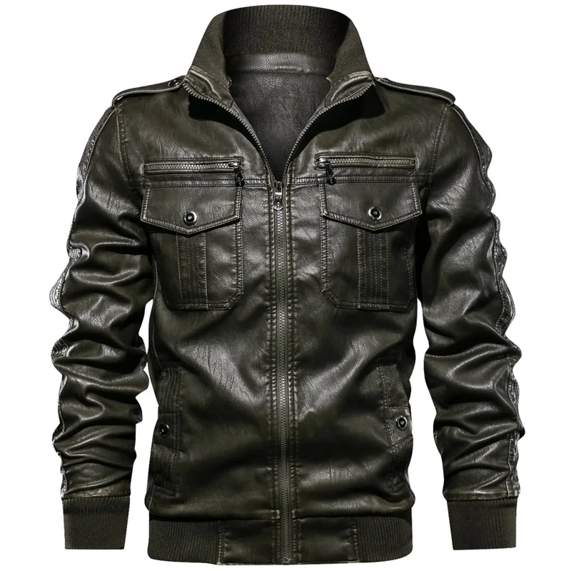 New Fashion Hooded Leather Jacket Men Casual Pockets Biker Motorcycle PU Faux Leather Coats Zipper Bomber Jackets jaqueta couro - Цвет: 2902 dark green