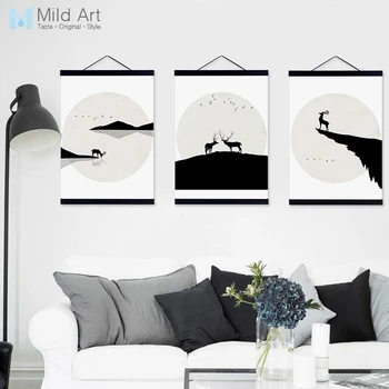 

Black White Deer Mountain Birds Silhouette Wooden Framed Posters Living Room Wall Art Pictures Home Decor Canvas Painting Scroll