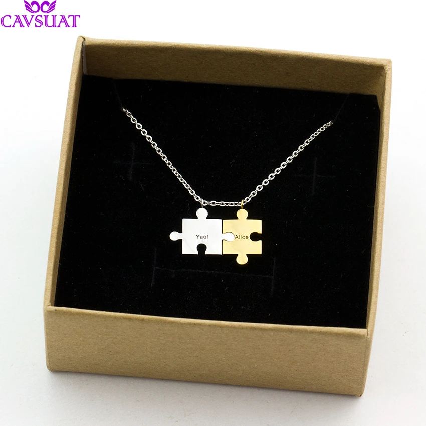 

Personalized Engraved Name Couples Puzzle Necklace Stainless Steel Chain Women Men Jigsaw Pendant Best Friend Custom Jewelry BFF
