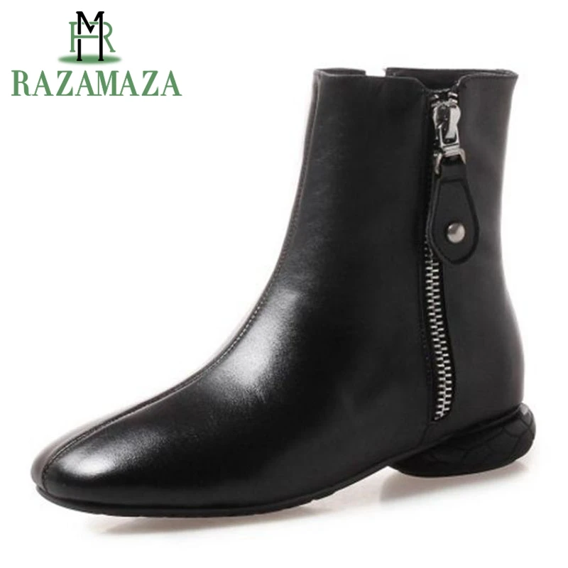 

RAZAMAZA Women Flats Boots Genuine Leather Ankle Boots Fashion Square Toe Zipper Winter Office Fomal Shoes Women Size 34-39