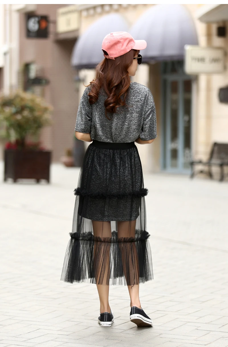Женская сексуальная сетчатая кружевная длинная юбка, летняя повседневная элегантная прозрачная Тюлевая эластичная юбка с высокой талией, черная юбка 137