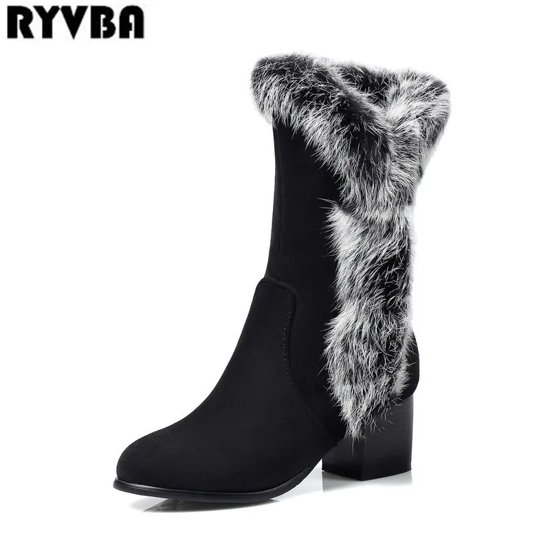

RYVBA 2019 women sexy suede fur mid calf boots womens winter autumn snow boots woman black ladies square heels beige shoes