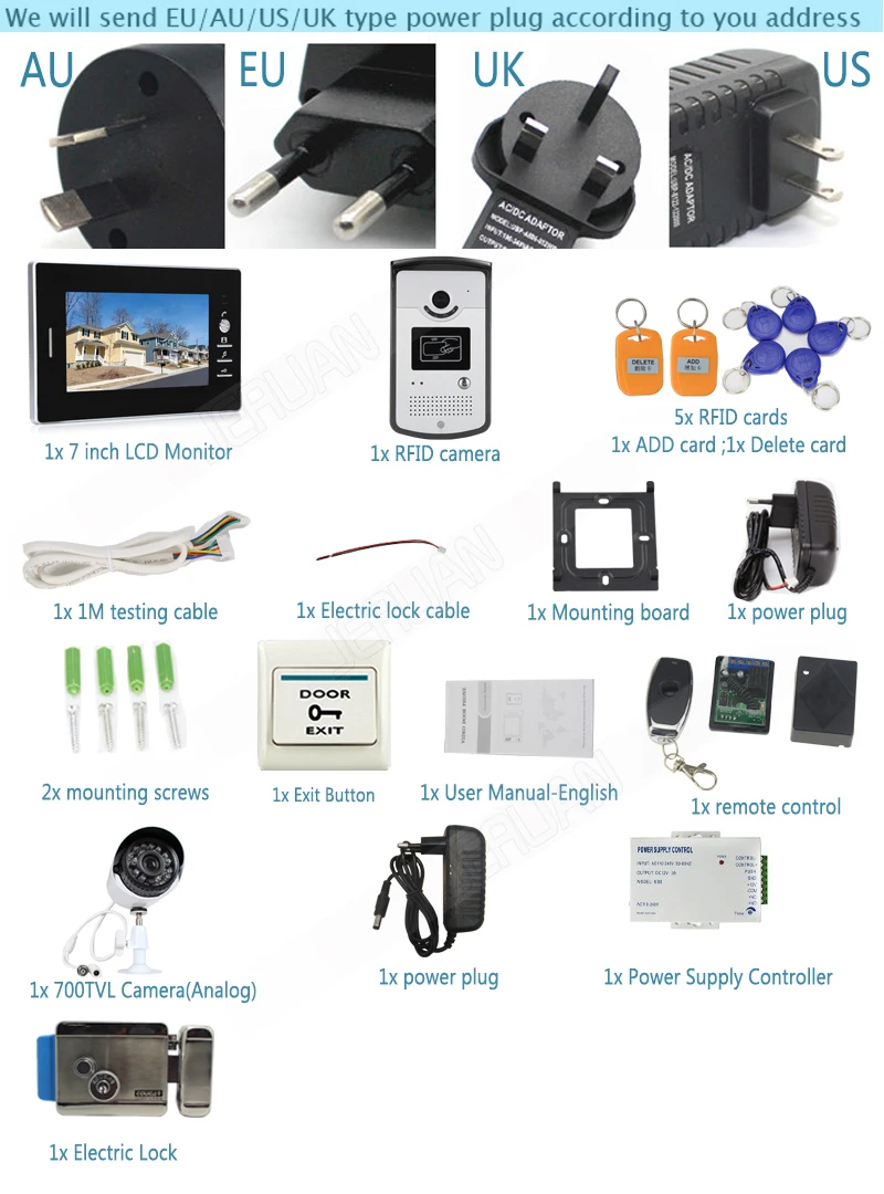 JERUAN домашний 7 ''ЖК-видео домофон комплект Водонепроницаемая RFID камера доступа+ 700TVL аналоговая камера+ E-lock