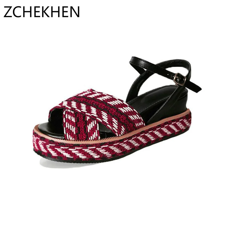 

European printing color Women Platform Elastic Band Sandals Summer Open Toe buckle Cross Strap Anti Skid Shoes