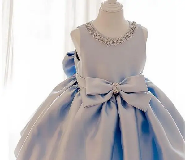 Небесно-Голубой тюль Принцесса праздничное платье для девочек бриллианты большой бант свадебное платье на Рождество Детская одежда на день рождения от 12 месяцев до 12 лет