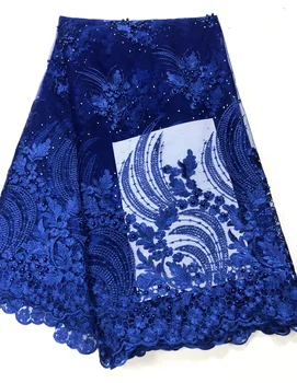 

2019 Royal Blue Net French Fabric Lace With Sequins High Quality African France Tulle Lace Embroidery Fabrics For Wedding
