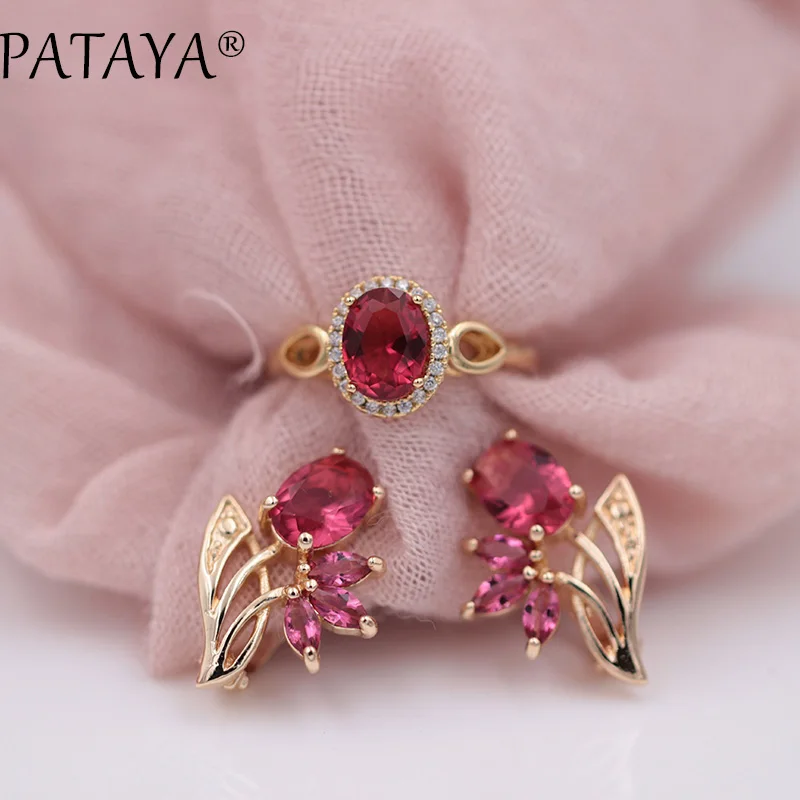 

PATAYA New Year Gift Rose Red Natural Zircon Earrings Rings Sets 585 Rose Gold Exclusive Design Women Luxury Wedding Jewelry
