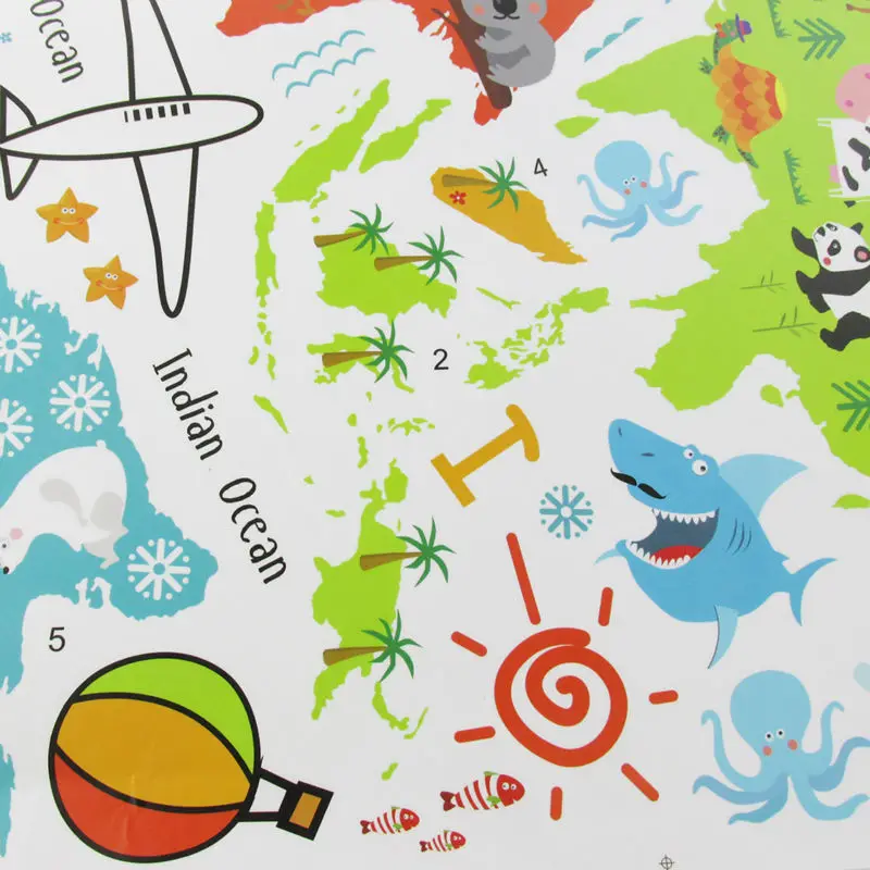 Colorful Cartoon World Map Wall stickers for classroom kids room Art Poster animal world map wall stickers for Home Decoration
