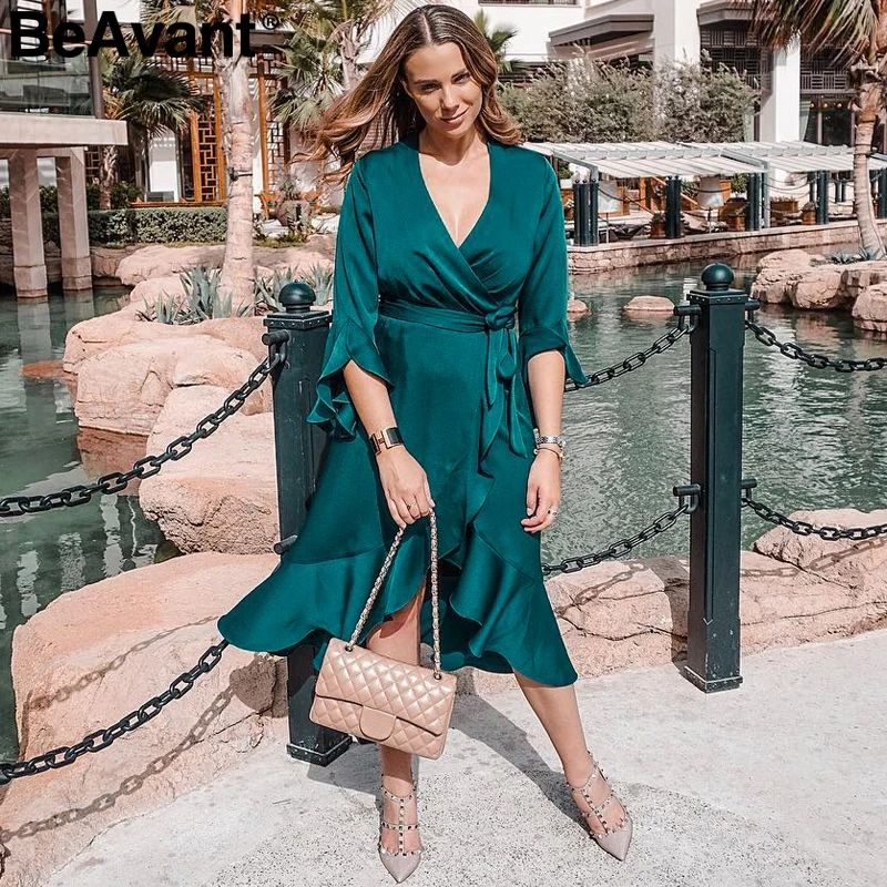 BeAvant Elegant ruffle satin causal dress autumn 2018 Split flare sleeve midi wrap dress V neck streetwear women dress vestidos BeAvant Elegant ruffle satin causal dress autumn 2018 Split flare sleeve midi wrap dress V neck streetwear women dress vestidos