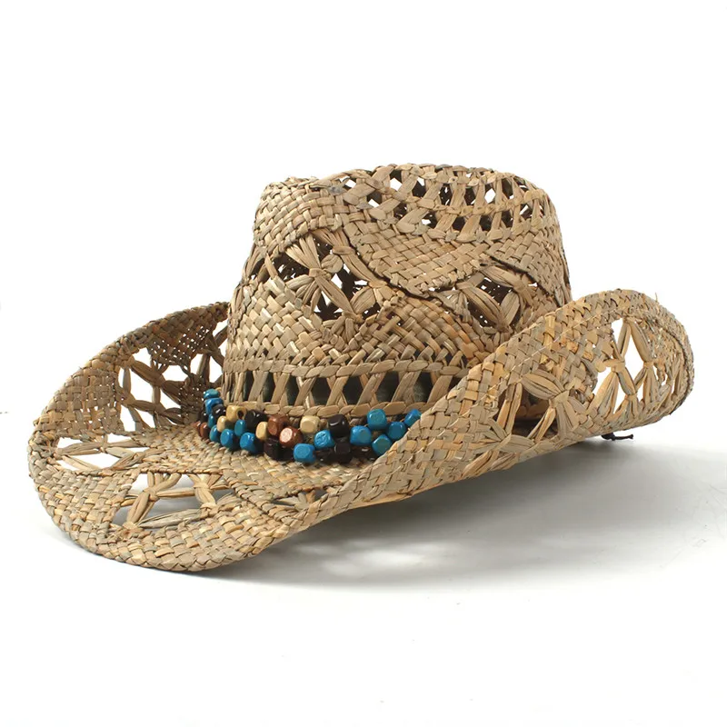 DECHOUS Cowboy Sun Hat Straw Sun Hat Wide Summer Hat Hawaii Mexican Straw Hat with Wind Lanyard for Women Mens Garden Hats 