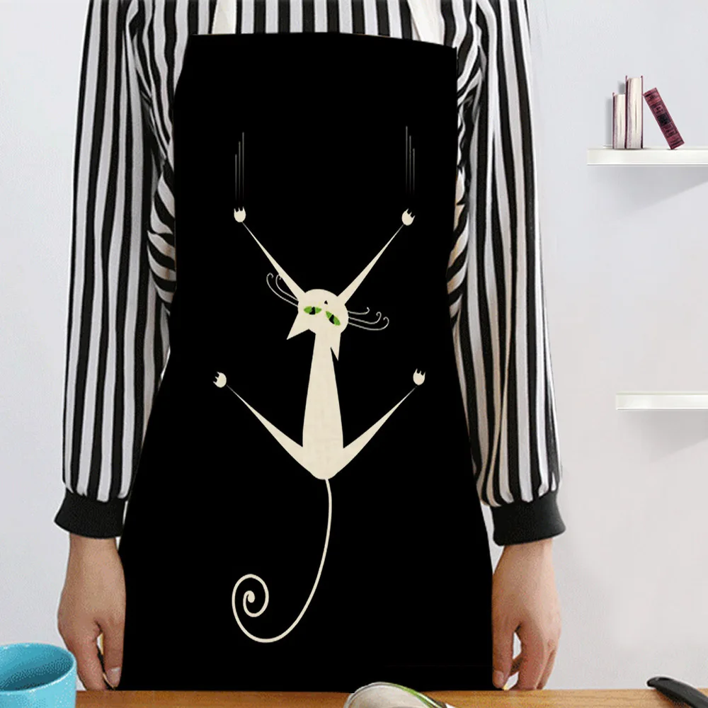 

New 55*68cm Cute Cat Printing Kitchen Aprons Unisex Dinner Party Cooking Waist Bib Cotton Linen Funny Pinafore Cleaning Tools