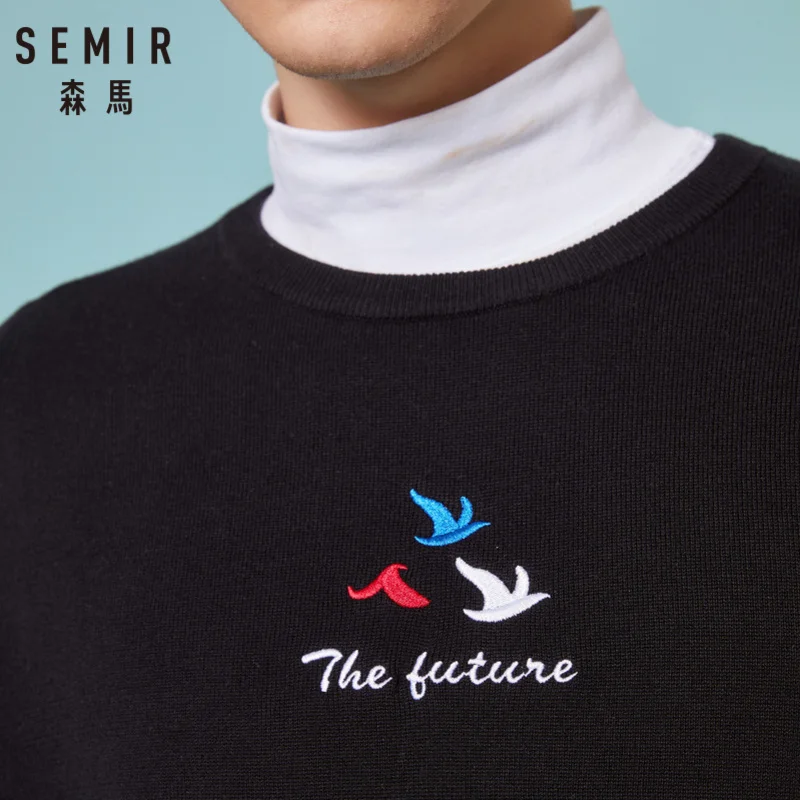 SEMIR мужской свитер из хлопка с вышивкой, Мужской пуловер, свитер с ребристым круглым вырезом и манжетами для весны и осени