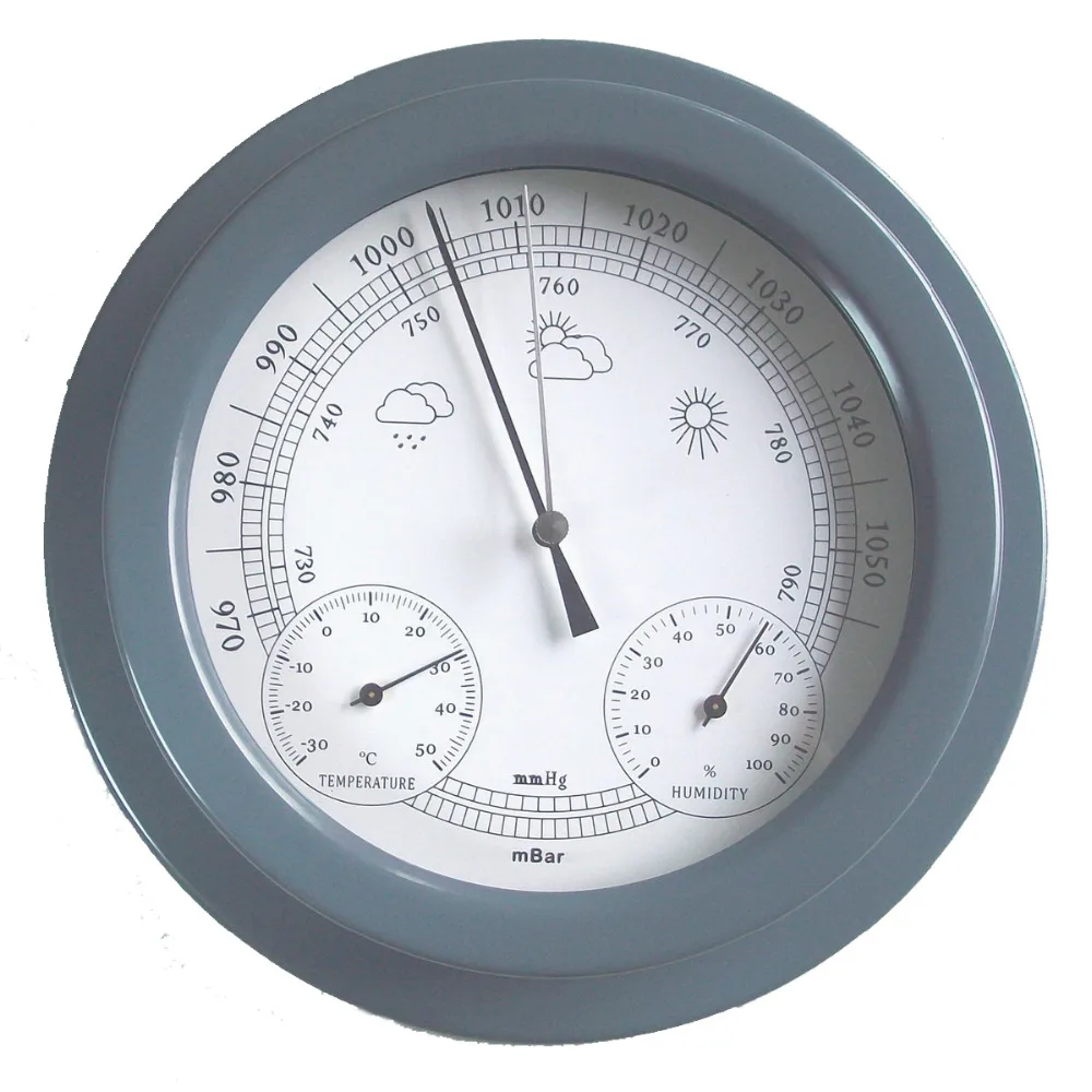 Gray Color Baking Vanish Iron Case Aneroid Barometer Hygrometer