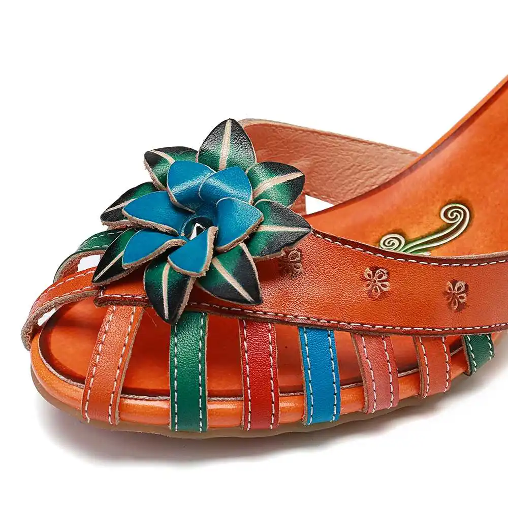SOCOFY/удобные Босоножки на каблуке из натуральной кожи с цветными цветами ручной работы; летние женские босоножки