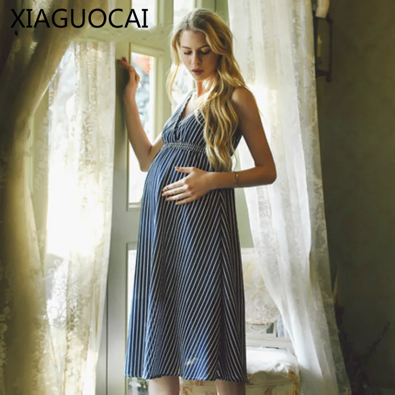 

Summer Maternity Clothes Pregnancy Stripe Dresses Sexy Vacation Beach Dress Sleeveless V-Neck Pregnant women Clothing C93 10