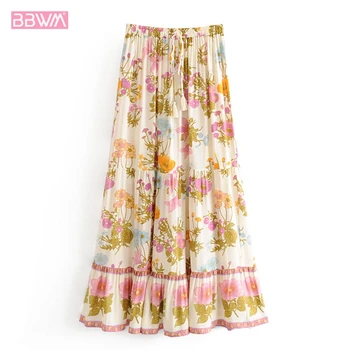 

Bohemian floral print High waist beach casual holiday female skirt Ethnic wind elastic waist drawstring 2019 summer Women skirt