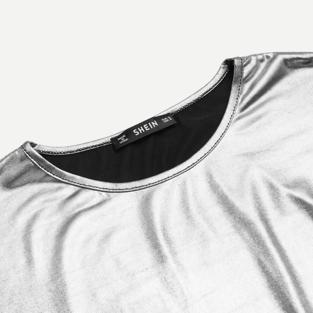 SHEIN рулон с покрытием футболка Серебряный короткий рукав с круглым вырезом футболка классического кроя женские вечерние летние футболки для Для женщин