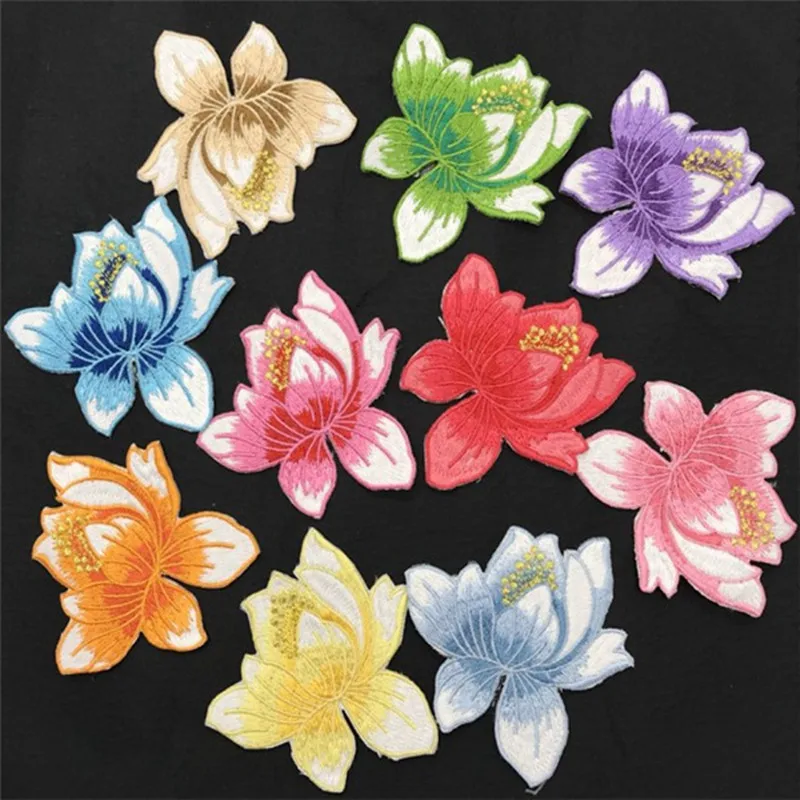 

1 PCS Lotus Flower Embroidered Iron on Patches for Clothing DIY Stripes Clothes Patchwork Sticker Custom Flowers Applique badge