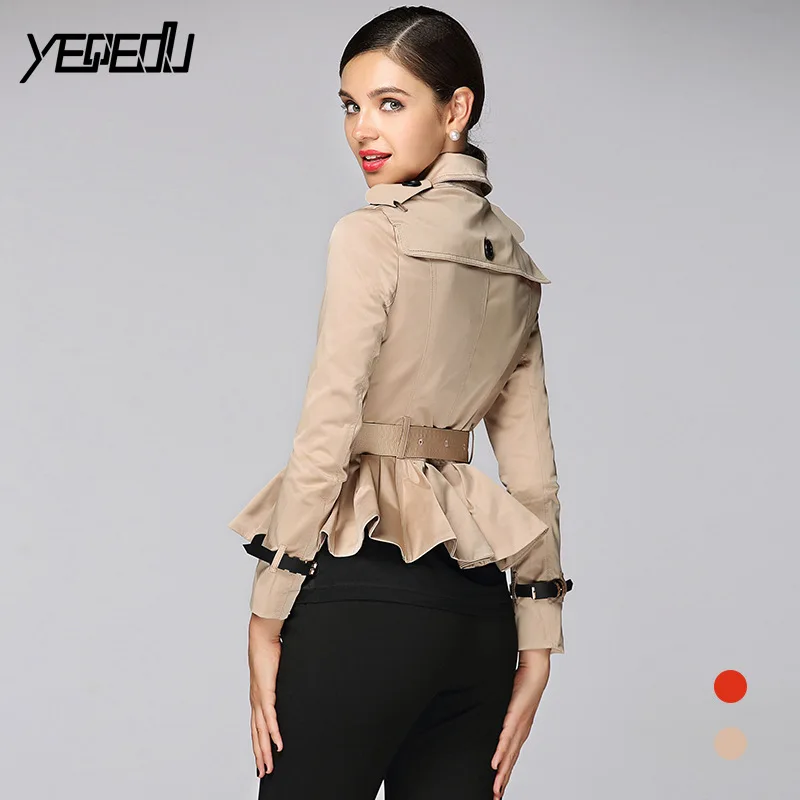 #3304 Khaki Orange Double Breasted Adjustable Waist Short Treach Coat For Women Lotus Leaf Elegant Fashion High Quality Tide