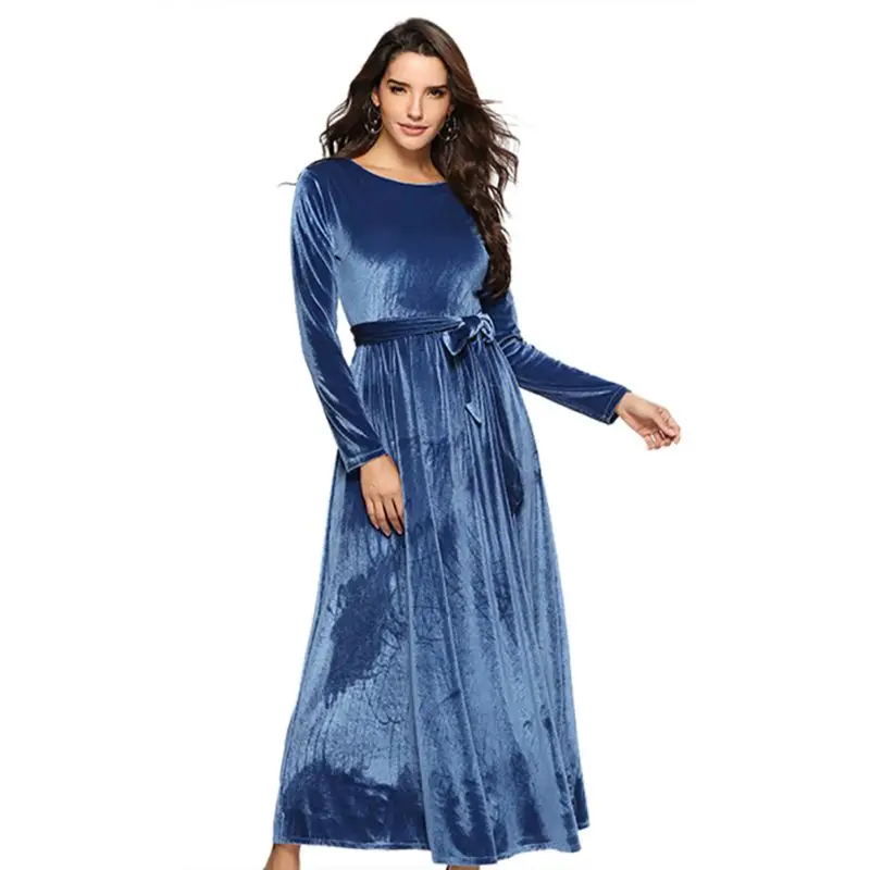 

ROPALIA Long Sleeve Velvet Long Maxi Dress For Womens Elegant Spring Autumn O-Neck Dresses Navy Ankle Length Party Dresses