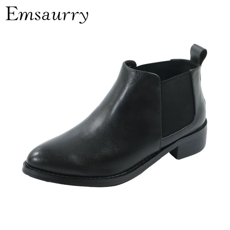 

Elastic Band Short Booties For Women Square Heel Pointed Toe Black Genuine Leather Autumn Winter Ankle Boots Women