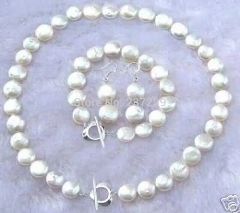 

Wholesale price FREE SHIPPING a^^11-12MM White Coin Pearl Necklace Bracelet Earring Set (A0423) -Bride jewelry free shipping