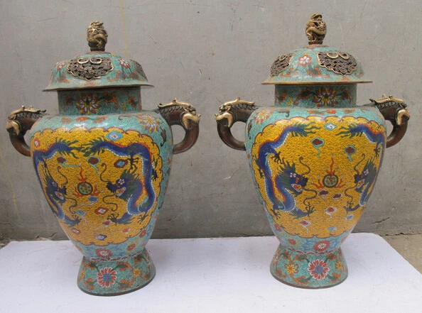 

xiuli 004285 Sign Dynasty 100% Bronze cloisonne Two Dragon Play Bead Jar Crock Pot Vase Pair