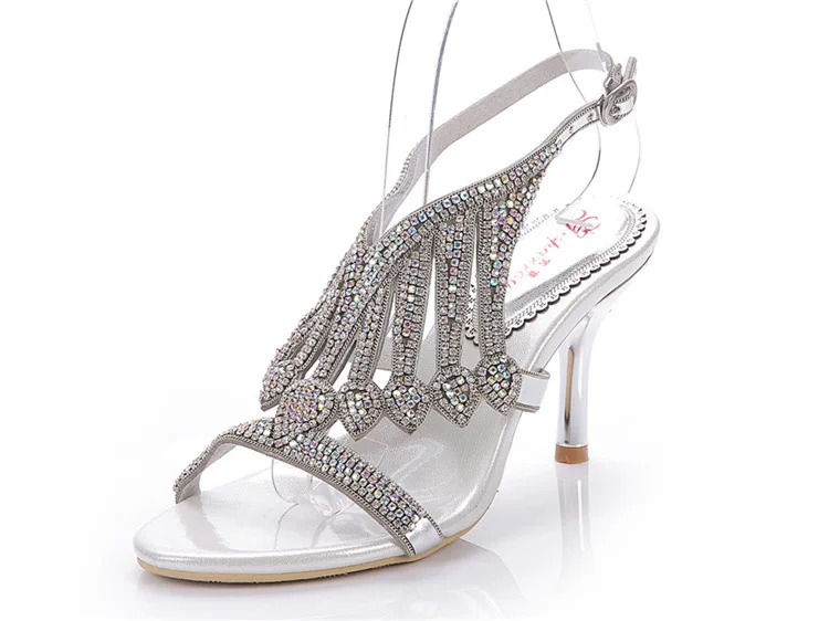 New 2016 summer diamond high-heeled stiletto heel sandals rhinestone comfortable banquet women silver wedding shoes size 1114
